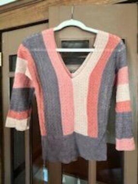 Unique Open Knit Crochet Sweater Top Striped Colorblock Boho Lightweight V Neck
